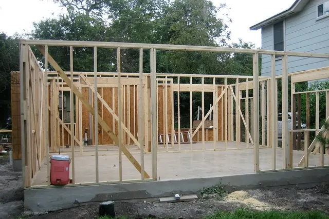 Fresh timber framing for an addition on a new foundation